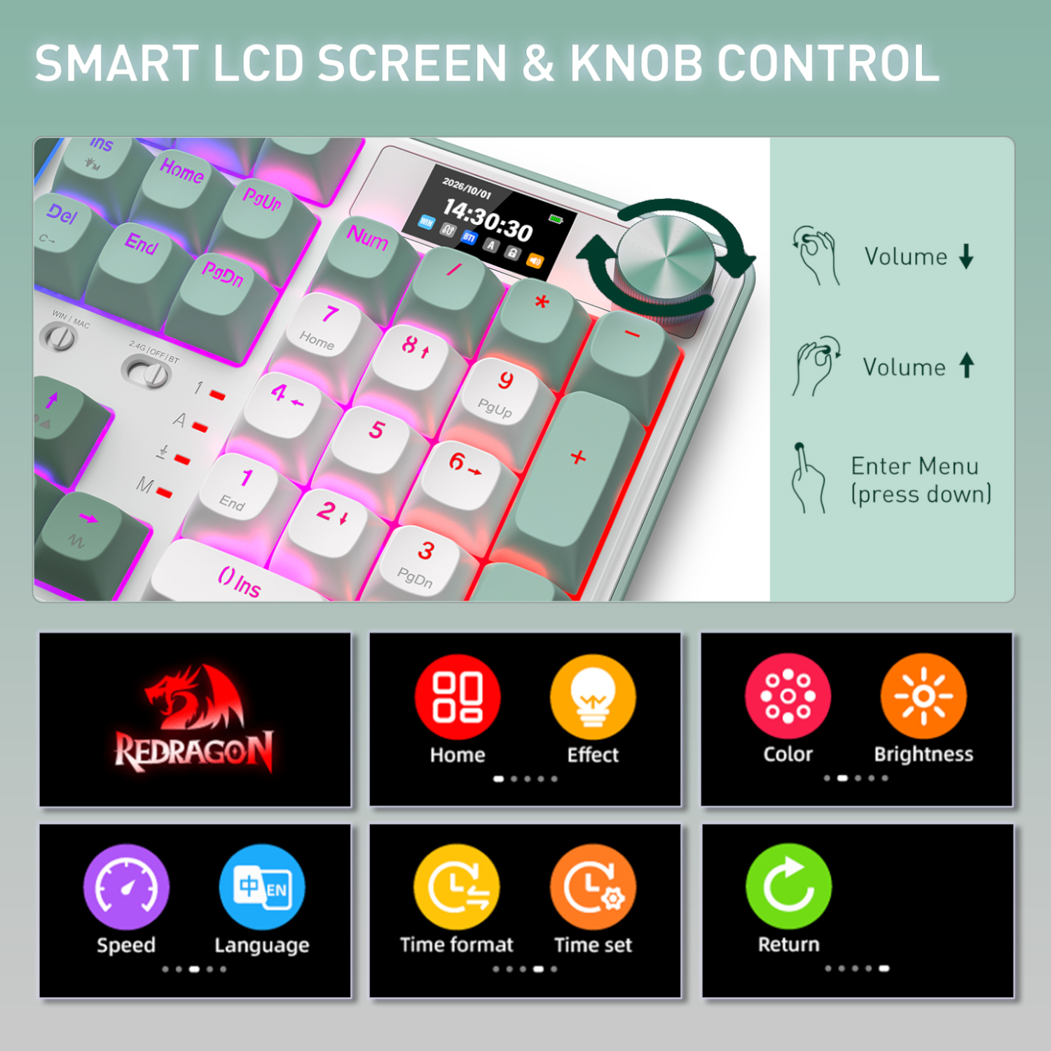 Redragon WYVERN K761 Pro Full-size RGB Wireless Mechanical Gaming Keyboard - White/Green - Image 8